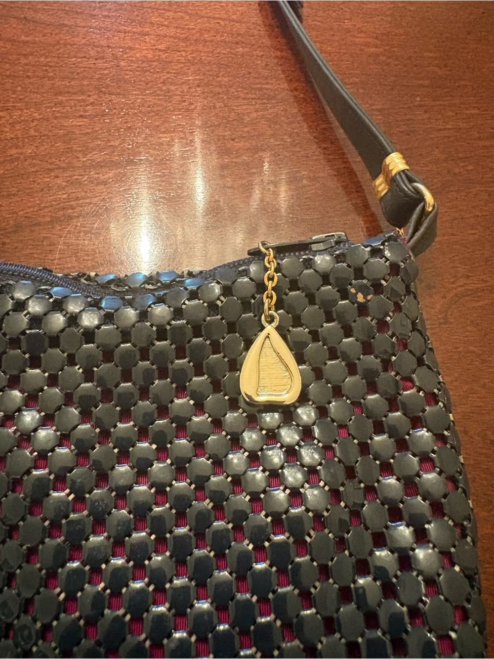 Whiting and Davis Navy Blue Metal Mesh with Leather Strap Crossbody Shoulder Bag